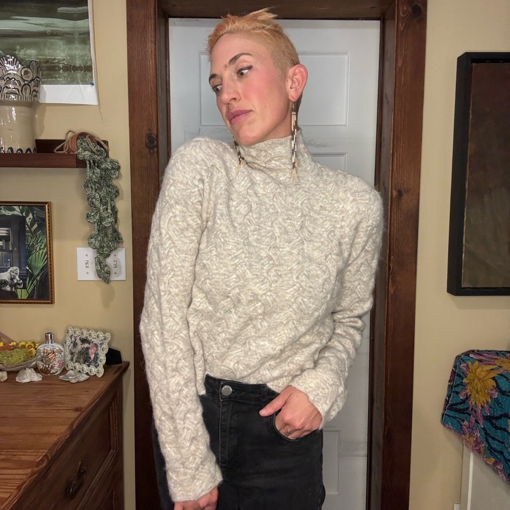 Alpaca Wool Blend Textured Cream Turtleneck Sweater